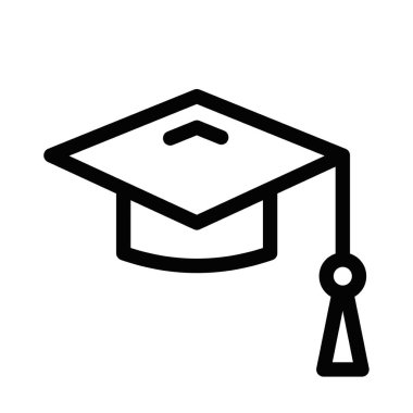 Beyaz bir arka planda siyahi bir mezuniyet şapkası ikonunun vektör çizimi, eğitimi veya başarıyı sembolize ediyor. Düzenlenebilir vuruş