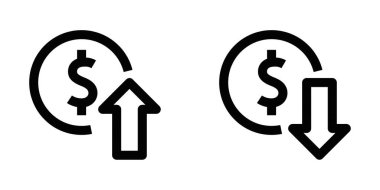 Siyah ve beyaz olarak yukarı ve aşağı eğilimleri gösteren finansal ok simgelerinin vektör çizimi. Dolar sembolü. Düzenlenebilir vuruş