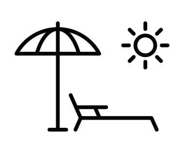 Siyah beyaz güneş ve şemsiyeli bir plaj ikonunun vektör çizimi. Yaz, tatil ve seyahatle ilgili tasarımlar için mükemmel. Düzenlenebilir vuruş