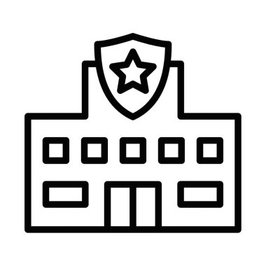 Polis karakolu binasının simgesi siyah beyaz, güvenlik tasarımı ve kolluk kuvvetleri için uygun. Düzenlenebilir vuruş