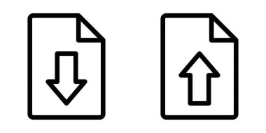 Dosya aktarımlarını temsil eden, okları yükleyen ve indiren belgelerin vektör simgeleri. Basit siyah beyaz tasarım. Düzenlenebilir vuruş