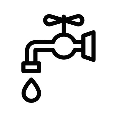 Tesisatı veya su temasını temsil eden bir damla suyu olan bir musluğun vektör simgesi. Basit siyah beyaz tasarım. Düzenlenebilir vuruş