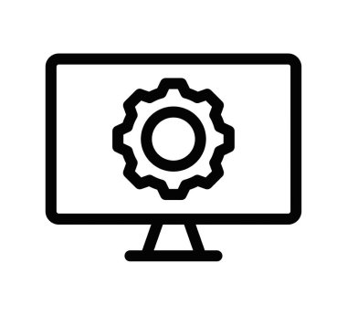 Vites gösteren, ayarları ve yapılandırmayı temsil eden bir bilgisayar ekranının vektör simgesi. Basit siyah beyaz tasarım. Düzenlenebilir vuruş.