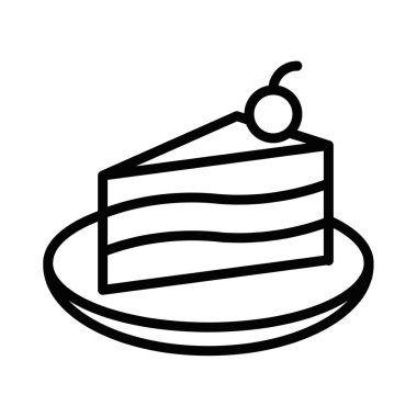 Üzerinde kiraz olan bir tabağın üzerindeki pasta diliminin siyah çizgili çizimi. Bu ikon tatlı, kutlama ve fırın temalarını temsil ediyor. Vektör çizimi. Düzenlenebilir vuruş