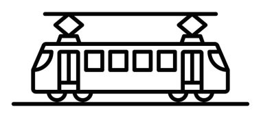 Kenar manzaralı minimalist tramvay ikonu, şehir taşımacılığı ve demiryolu temaları için harika. Vektör çizimi. Düzenlenebilir vuruş
