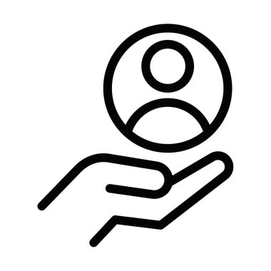 Müşteri hizmetleri, destek ve sosyal medyayı temsil eden bir kullanıcı profili simgesini tutan bir elin vektör illüstrasyonu