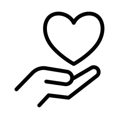 Kalbi tutan bir elin siyah beyaz çizgisi ikonu, özen, sevgi ve desteği sembolize ediyor. Yardım veya sağlık hizmetleri kavramları için vektör illüstrasyon. Düzenlenebilir vuruş