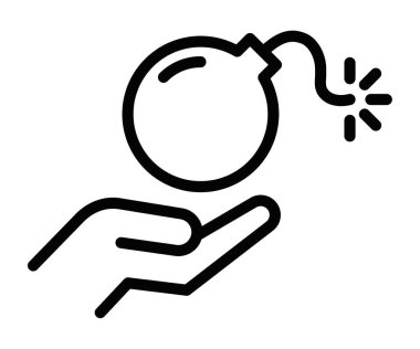 Tehlike, risk ve patlayıcı durumları temsil eden bir bomba ikonunu tutan bir elin vektör çizimi