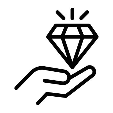 Minimalist siyah beyaz çizgi simgesi. Parlak bir elması tutan bir el. Değeri, serveti ve prim hizmetini temsil ediyor. Vektör çizimi. Düzenlenebilir vuruş