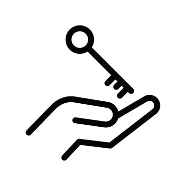 Anahtarı tutan basit siyah beyaz çizgi simgesi, güvenliği, erişimi ve gayrimenkulü sembolize ediyor. Vektör çizimi. Düzenlenebilir vuruş