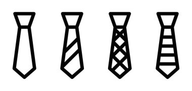 Farklı şekillerde, iş, moda ve profesyonelliği sembolize eden dört adet siyah beyaz çizgi ikonu. Vektör çizimi. Düzenlenebilir vuruş