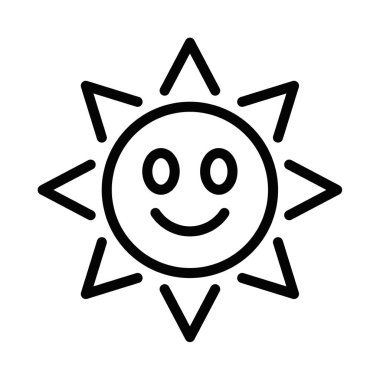 Gülümseyen güneşin neşeli vektör ikonu, mutluluğu, pozitifliği ve neşeli, minimalist bir şekilde güneşli havayı simgeliyor. Düzenlenebilir vuruş.