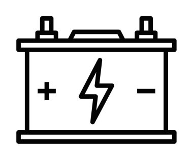 Enerji, otomotiv ve güç kaynağını sembolize eden yıldırımlı bir araba aküsünün basit vektör simgesi. Düzenlenebilir vuruş.