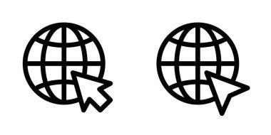 İmleci olan dünya simgelerinin vektör illüstrasyonu, ağ, internet gezisi veya küresel ulaşım kavramlarını temsil etmek için ideal. Düzenlenebilir vuruş.