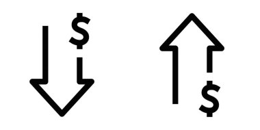Dolar fiyatlarının yukarı ve aşağı okların vektör çizimi, piyasa eğilimlerini, finansal büyümeyi ve döviz ticaretindeki düşüşü temsil ediyor. Düzenlenebilir vuruş