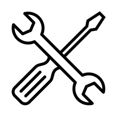 Çapraz anahtar ve siyah çizgili tornavida simgesi. Vektör illüstrasyonu araçları ve bakımı temsil ediyor. Düzenlenebilir vuruş