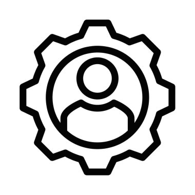 Bir dişlinin içindeki kişinin taslak simgesi, kullanıcı yönetimini, ayarlarını veya kişiselleştirmeyi minimalist bir dizaynda sembolize eder. Düzenlenebilir vuruş