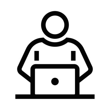 Laptop kullanan birinin siyah ana hatlı simgesi. Uzaktan çalışmayı, teknolojiyi ya da çevrimiçi öğrenmeyi temsil ediyor. Düzenlenebilir vuruş