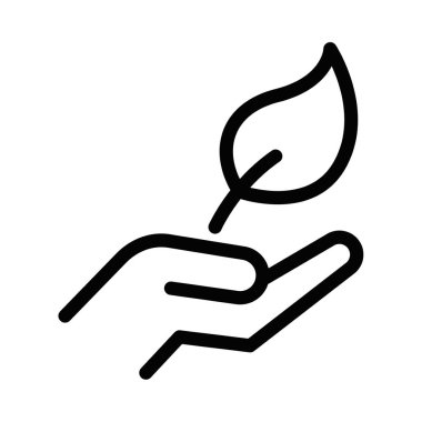 Yaprak tutan bir elin siyah taslak simgesi. Çevre dostu kavramları, sürdürülebilirliği ve çevresel bakımı basit, minimalist bir tarzda temsil eder. Düzenlenebilir vuruş