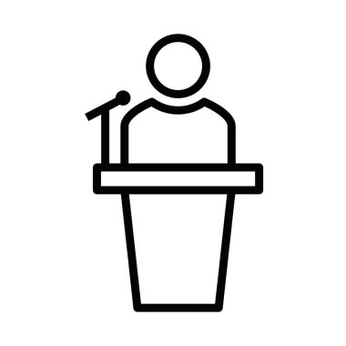 Podyumun arkasında duran bir kişinin vektör ikonu, halk konuşmasını, sunumunu veya liderliğini sembolize ediyor. Düzenlenebilir vuruş