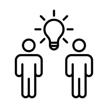 Bir ampulle çalışan iki kişinin minimalist çizgi vektörü, fikir üretmek için işbirliği, beyin fırtınası ve takım çalışmasını temsil ediyor. İş ve proje planlama temaları için uygun. Düzenlenebilir vuruş