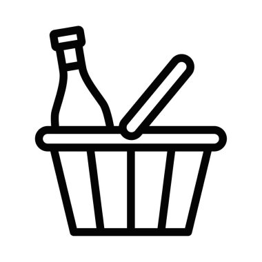 Bir alışveriş sepetinin minimalist çizgi vektör simgesi içinde şişeler, market alışverişi, perakende satış veya içecek alımını sembolize eder. Düzenlenebilir vuruş