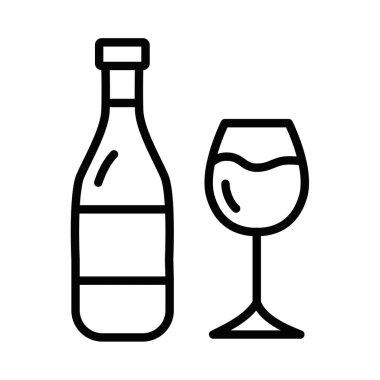 Şarap şişesi ve bardağın basit bir çizgi vektör ikonu, şarap tatma, yemek yeme ya da alkollü içecek tüketimini temsil ediyor. Düzenlenebilir vuruş