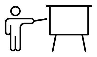 Bir sunum tahtası simgesini işaret eden kişi basit, minimalist tasarım konseptlerini temsil ediyor, eğitiyor ya da sunuyor. Düzenlenebilir vuruş