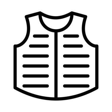 Güvenlik yeleğinin basit siyah-beyaz vektör simgesi. İnşaat, güvenlik ve koruyucu ekipman temaları için ideal. Düzenlenebilir vuruş.