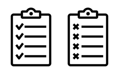 Kontrol listelerinin minimalist vektör simgeleri, biri işaretli, diğeri haçlı, görevleri, organizasyonu ve karar vermeyi temsil eden. Düzenlenebilir vuruş.