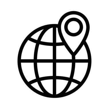 Küresel navigasyon, seyahat ve dünya çapındaki bağlantıyı sembolize eden konum kodlu bir kürenin vektör simgesi. Düzenlenebilir vuruş.
