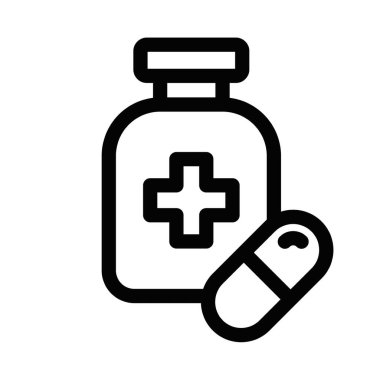 Sağlık, ilaç ve ilaç ürünlerini siyah-beyaz bir şekilde temsil eden çapraz sembollü bir tıbbi şişenin basit vektör ikonu. Düzenlenebilir vuruş.