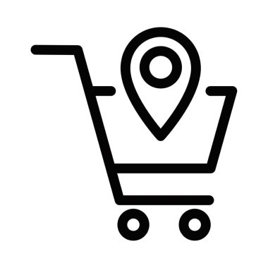 Konum broşlu bir alışveriş arabasının vektör simgesi e-ticaret, teslimat ve çevrimiçi alışveriş uygulamaları için mükemmel. Düzenlenebilir vuruş.