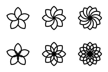 Doğaya ve dekorasyon temalarına uygun, çeşitli taç yaprakları tasarımları olan, çiçeklerden esinlenilmiş altı vektör simgesi. Düzenlenebilir vuruş.