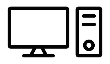 Ayrı bir kuleye sahip, teknoloji, ofis veya dijital çalışma alanı kavramları için uygun bir masaüstü bilgisayarının vektör simgesi. Düzenlenebilir vuruş.