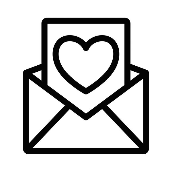 Черный контур иконки открытого конверта с сердцем, символизирующий любовь, привязанность или романтические послания, как любовное письмо или поздравительная открытка. Штрих к таблице