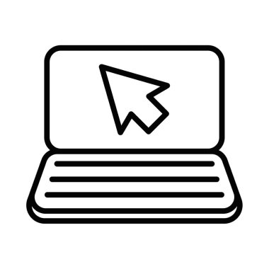 Bilgisayar kullanımını, çevrimiçi navigasyonu veya dijital arayüzü sembolize eden, ekranda imleç bulunan bir dizüstü bilgisayarın basit vektör simgesi. Düzenlenebilir vuruş.