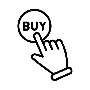 Satın alma düğmesine basan bir elin simgesi, e-ticaret ve çevrimiçi alışveriş tasarımları için mükemmel. Vektör çizimi. Düzenlenebilir vuruş.