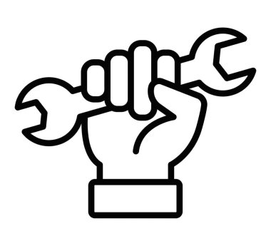 İngiliz anahtarını tutan bir elin simgesi. Tamiri, işi veya aletleri sembolize ediyor. İnşaat ve mekanik temalar için kullanışlı. Vektör çizimi. Düzenlenebilir vuruş.