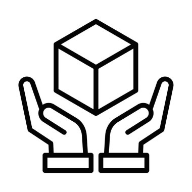 Eller bir küp ana hatlı vektör simgesini tutuyor. Düzenlenebilir vuruş.