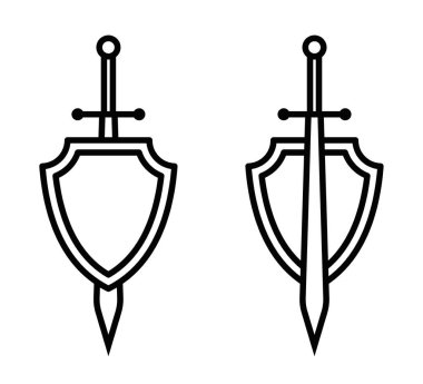 Kalın minimalist tarzda kılıç ve kalkan vektör simgeleri. Düzenlenebilir vuruş