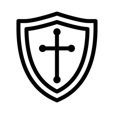 Kalkan simgesi çapraz dizaynlı, cesur minimalist vektör tarzı. Düzenlenebilir vuruş