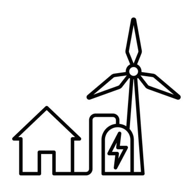 Rüzgar türbini ve enerji sembollü ev. Düzenlenebilir vuruş