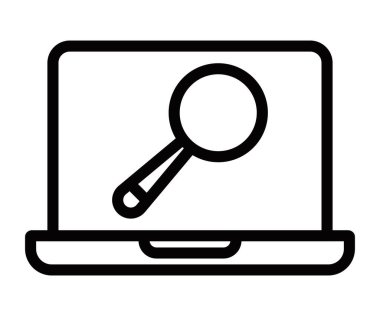 Büyüteç sembollü dizüstü bilgisayar ekranı. Düzenlenebilir vuruş