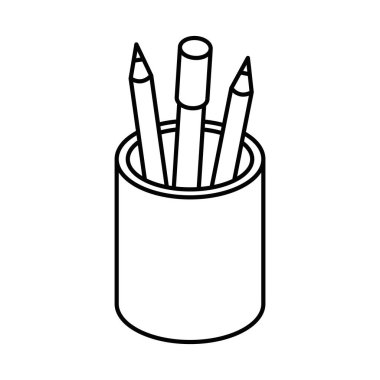 Kalem ve çizim kalemleriyle dolu bir kupa. İzometrik vektör simgesi. Düzenlenebilir vuruş