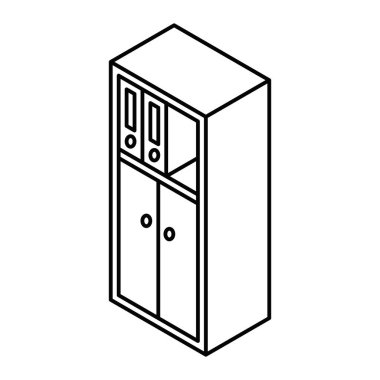 Dosya ve kapıların olduğu depo dolabı açılı dış görünüşte gösteriliyor. İzometrik vektör simgesi. Düzenlenebilir vuruş