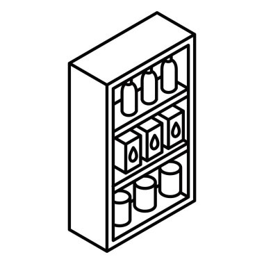 İçkiler, kutular ve kutularla dolu büyük bir süpermarket rafı. İzometrik vektör simgesi. Düzenlenebilir vuruş