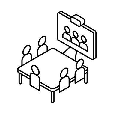 Video konferansı ve masayla ofis toplantısı. İzometrik vektör simgesi. Düzenlenebilir vuruş