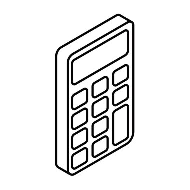 Tuş takımlı ve ekranlı elektronik hesap makinesi. İzometrik vektör simgesi. Düzenlenebilir vuruş