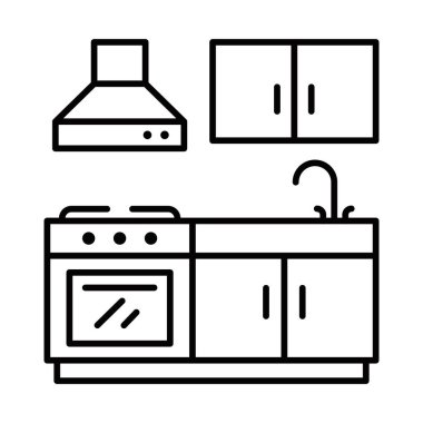 Fırın ve lavabo vektör illüstrasyonuyla mutfak içi. Düzenlenebilir vuruş